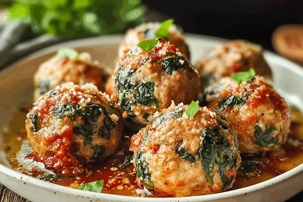 Baked Chicken Ricotta Meatballs with Spinach