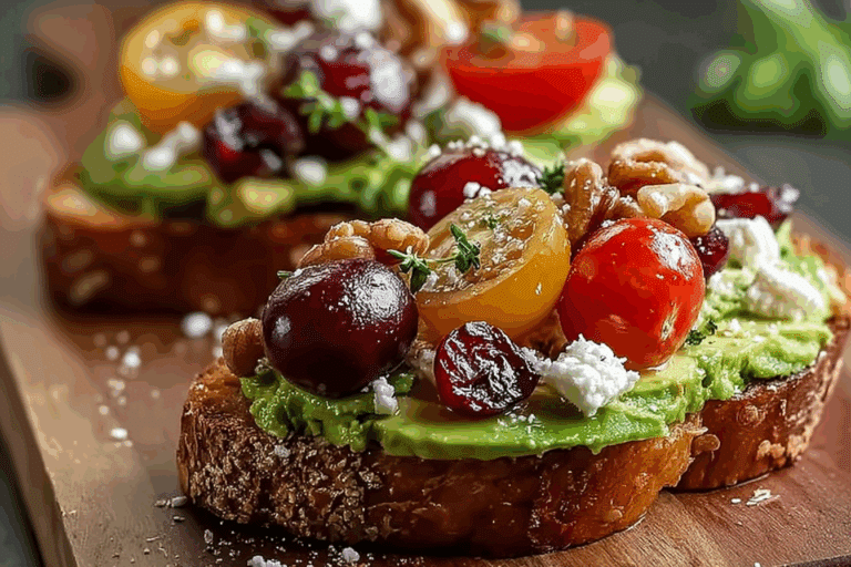 Avocado Toast with Feta Cheese, Cherry Tomatoes, Cranberries, and Walnuts