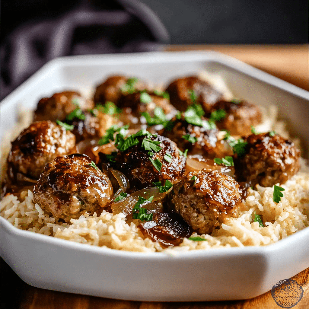 French Onion Meatballs and Rice