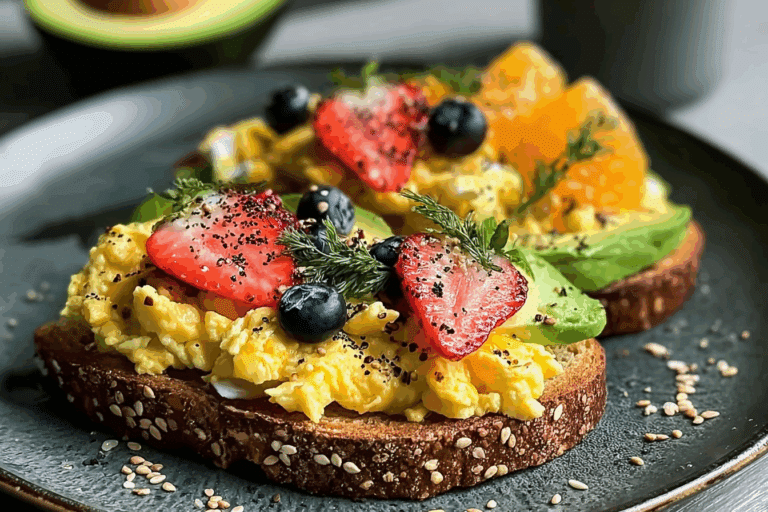 Avocado Toast with Scrambled Eggs & Fresh Fruit