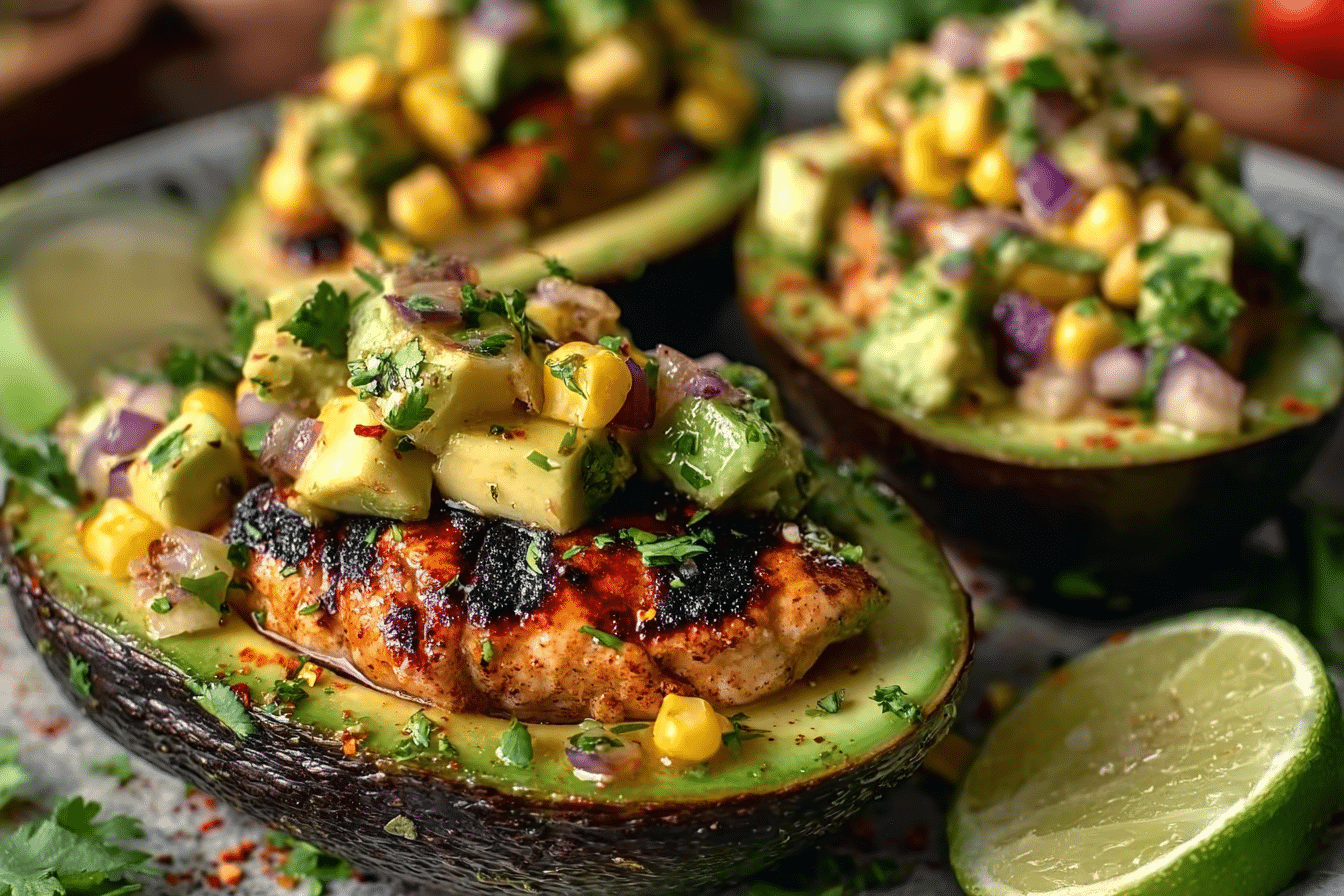 Honey Lime Chicken Stuffed Avocados with Corn Salsa