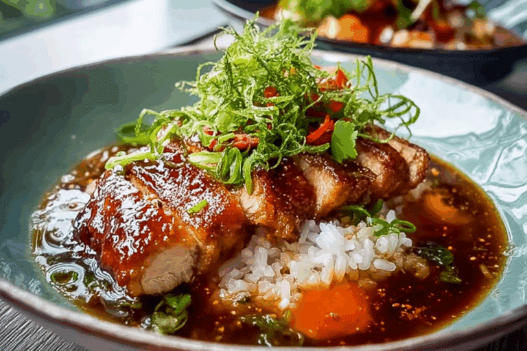 Caramelised Soy Chicken in Garlic Ginger Broth with Rice