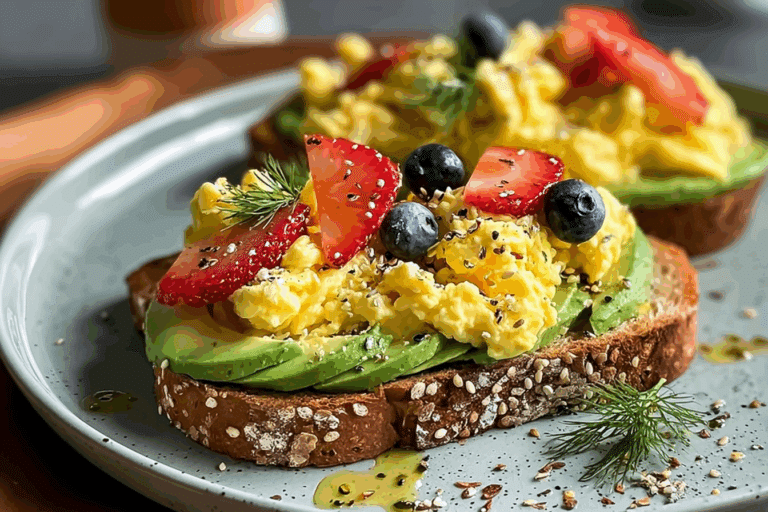Avocado Toast with Scrambled Eggs & Fresh Fruit