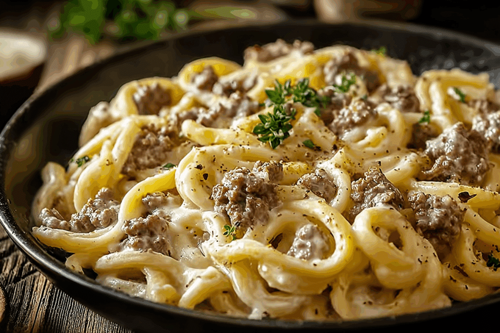 Creamy Ground Beef Alfredo Pasta