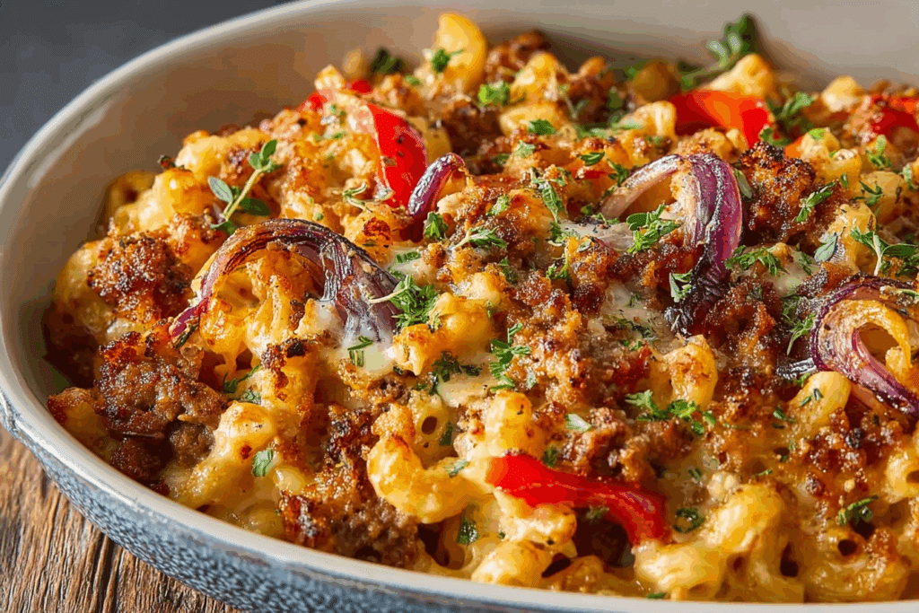 Sausage Mac and Cheese with Peppers and Onions