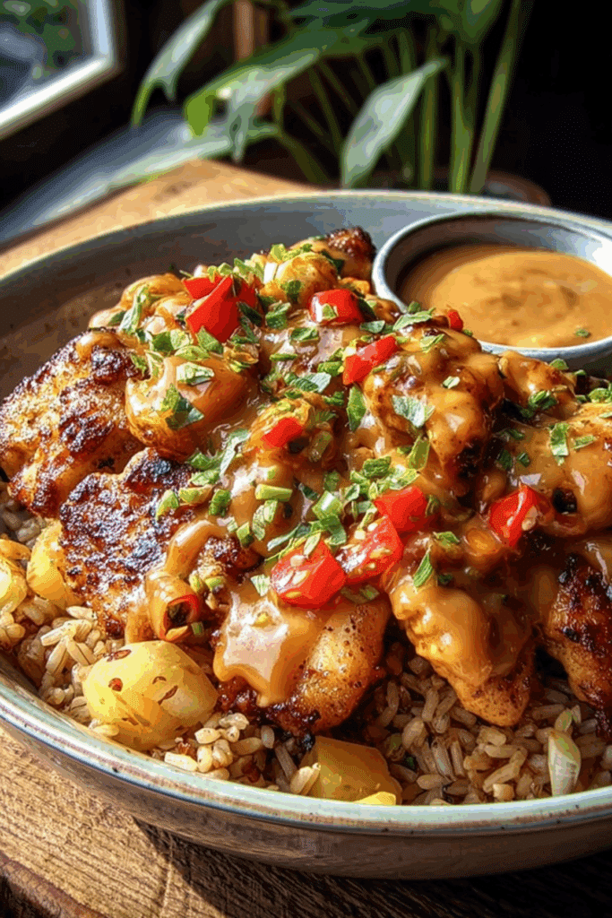 Salt and Chilli Chicken with Fried Rice and Satay Sauce