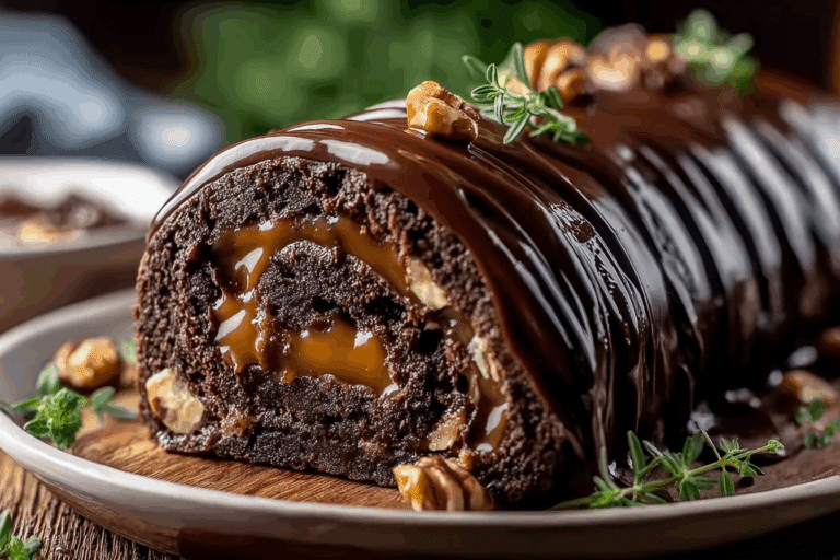 Gooey Chocolate Caramel Turtle Cake Roll