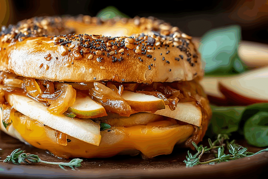 Pear Apple Cheddar Caramelized Onion Grilled Cheese Bagel Sandwich