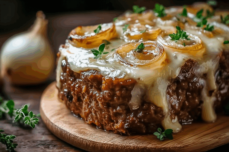 Crockpot French Onion Meatloaf with Melted Swiss Cheese