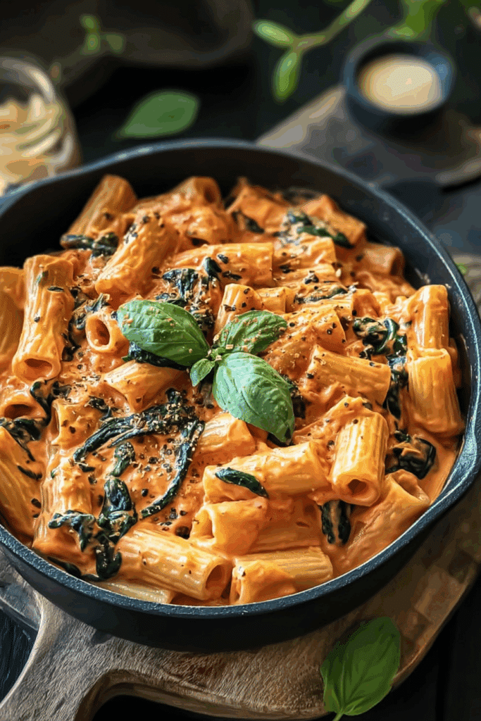 Vegan Creamy Tomato Pasta with Spinach and Basil