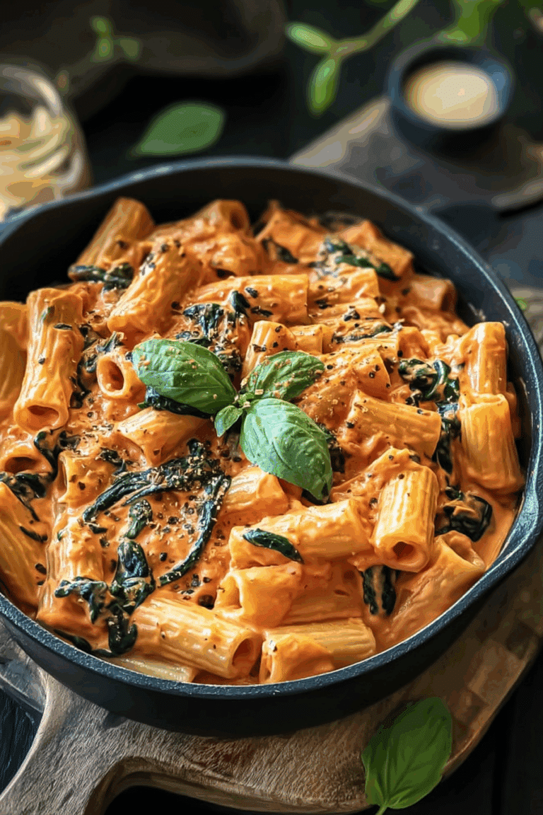Vegan Creamy Tomato Pasta with Spinach and Basil