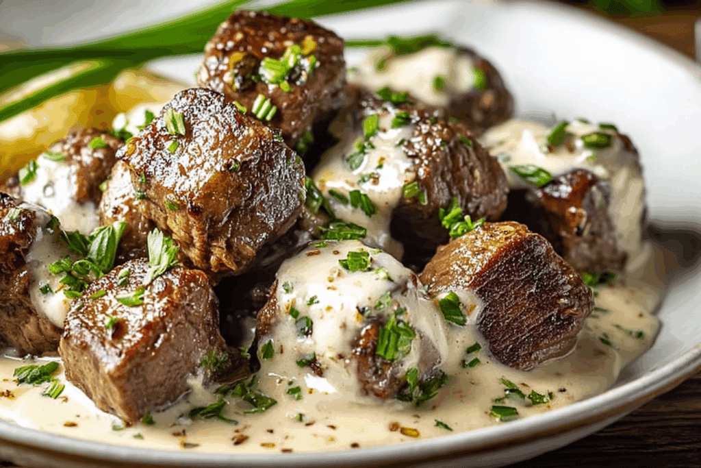 Garlic Butter Steak Bites with Parmesan Cream Sauce