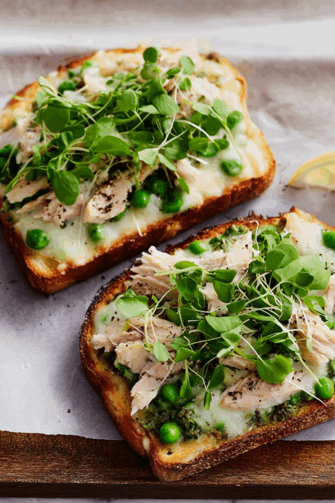 Tuna melt with green goddess peas