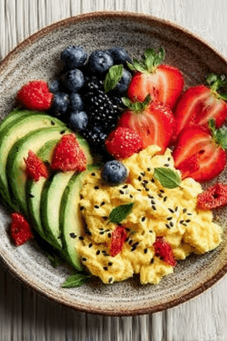 Power Breakfast Bowl with Scrambled Eggs, Avocado & Berries