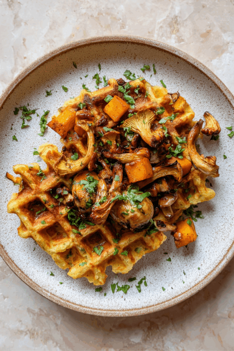 Potato waffles with roasted pumpkin and chanterelles
