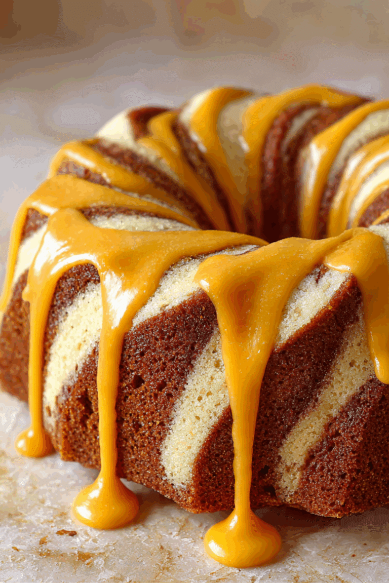Gingerbread and vanilla marble bundt cake with orange glaze