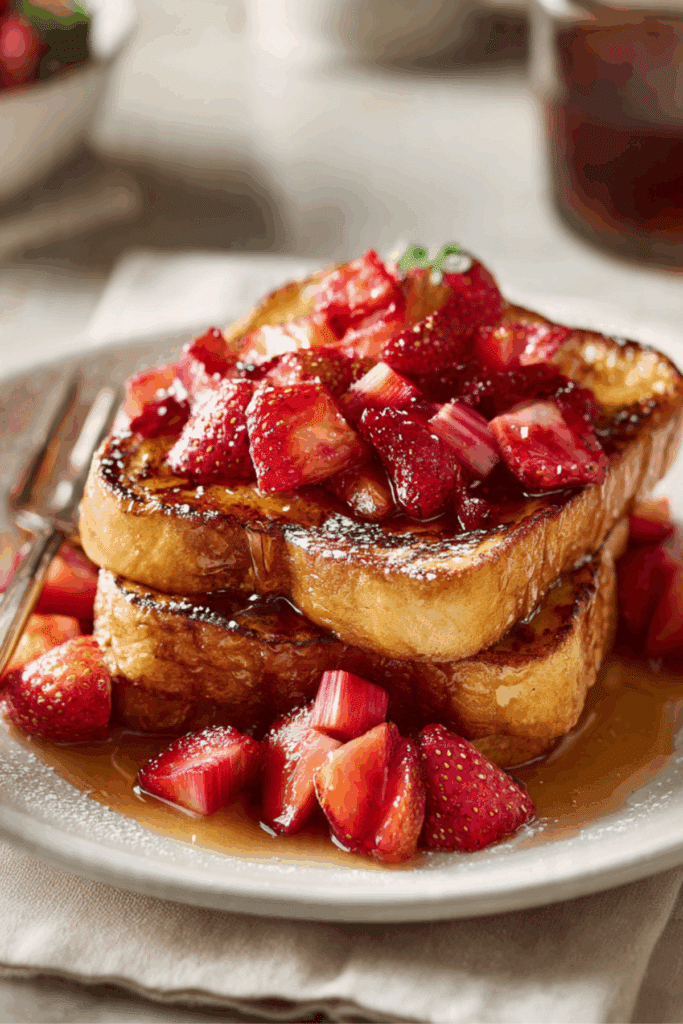 French toast with roasted strawberries and rhubarb