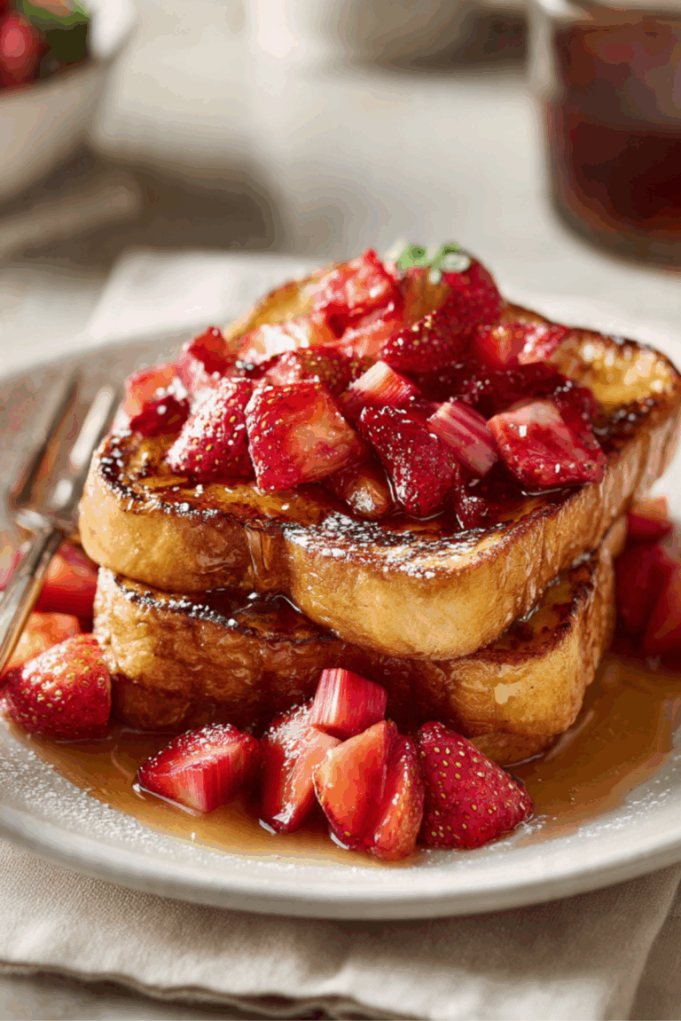 French toast with roasted strawberries and rhubarb