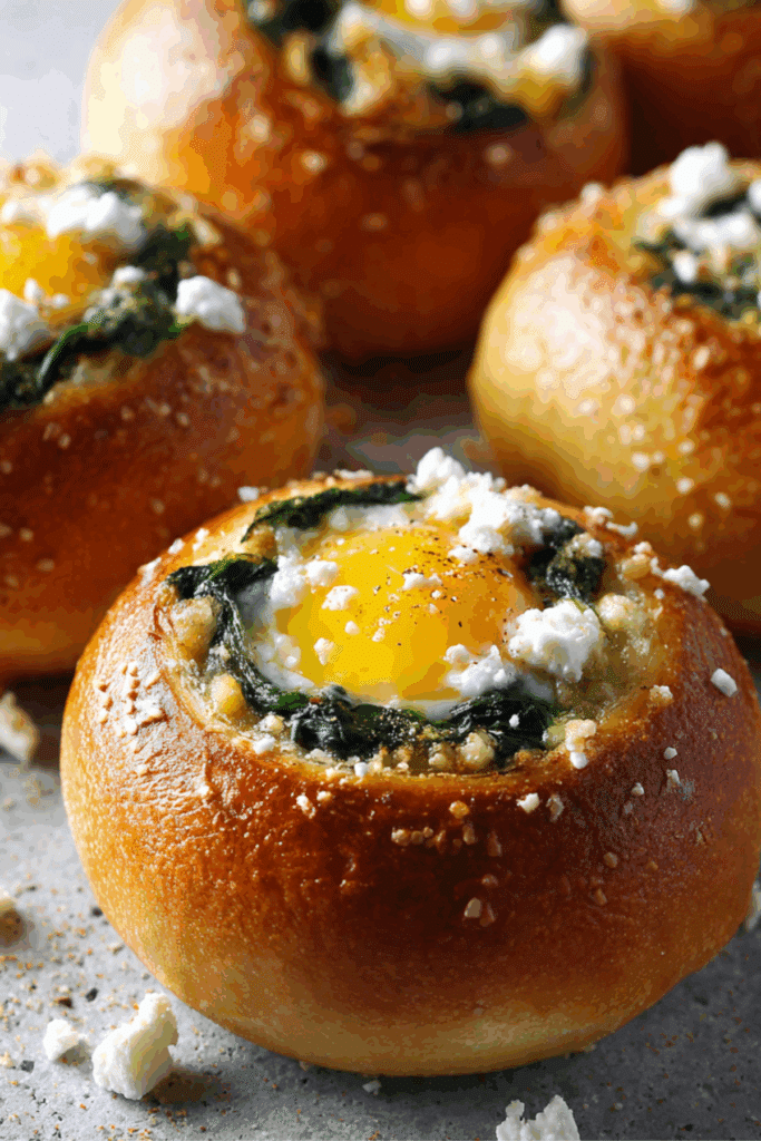 Baked egg buns with spinach and feta