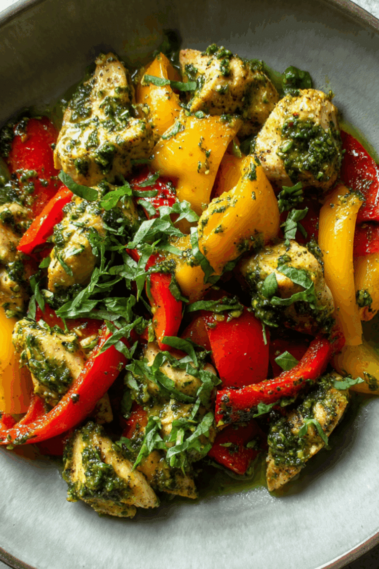Pesto Chicken with Sautéed Peppers Dish