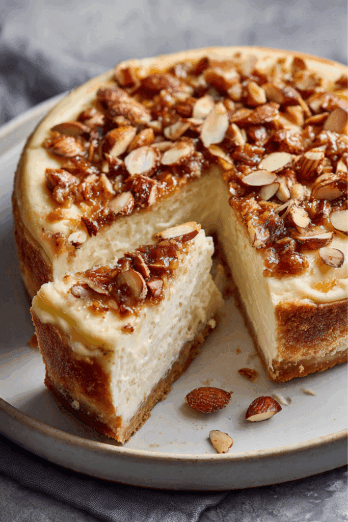 Vegan baked cheesecake with caramelized almonds
