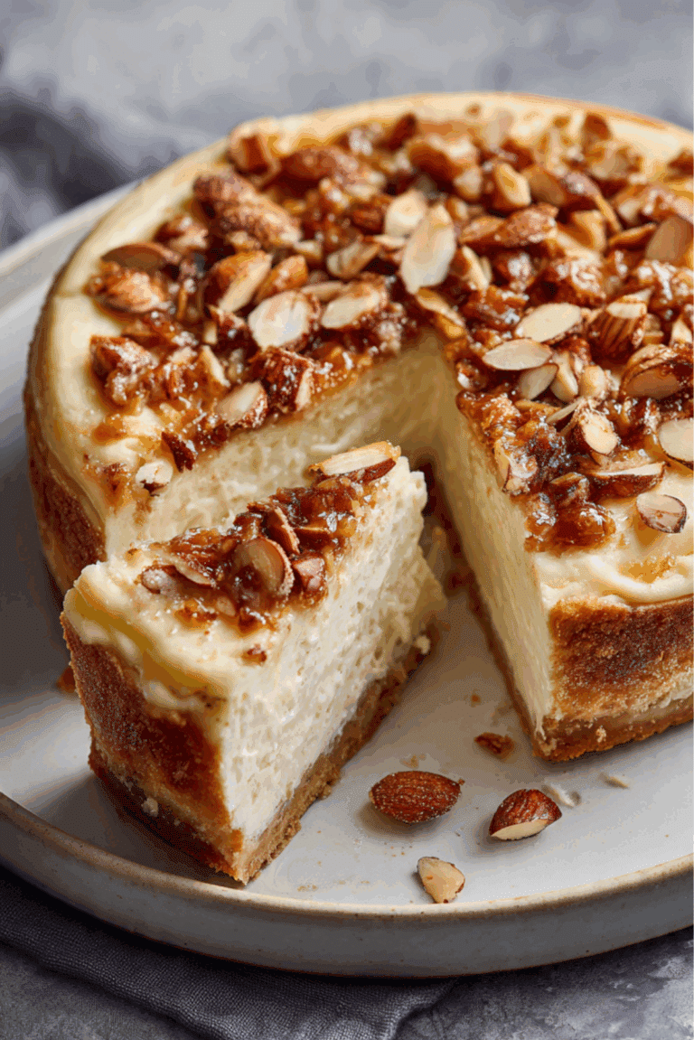 Vegan baked cheesecake with caramelized almonds