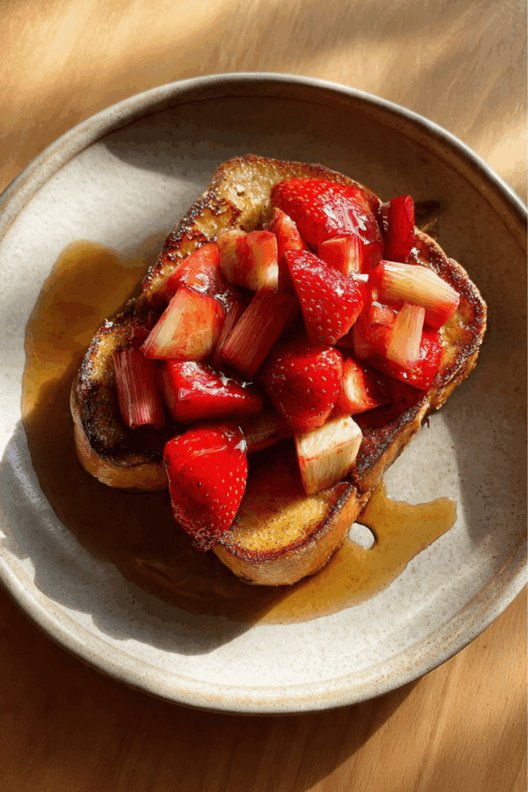 French toast with roasted strawberries and rhubarb