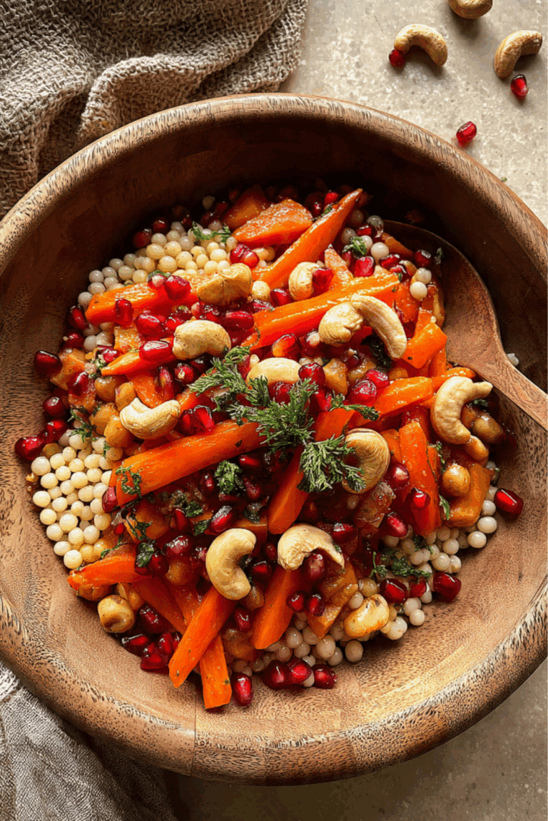 Pearl Couscous with Caramelized Carrots, Cashew Nuts and Pomegranate