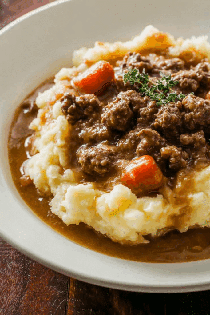 Ground Beef and Gravy Over Mashed Potatoes