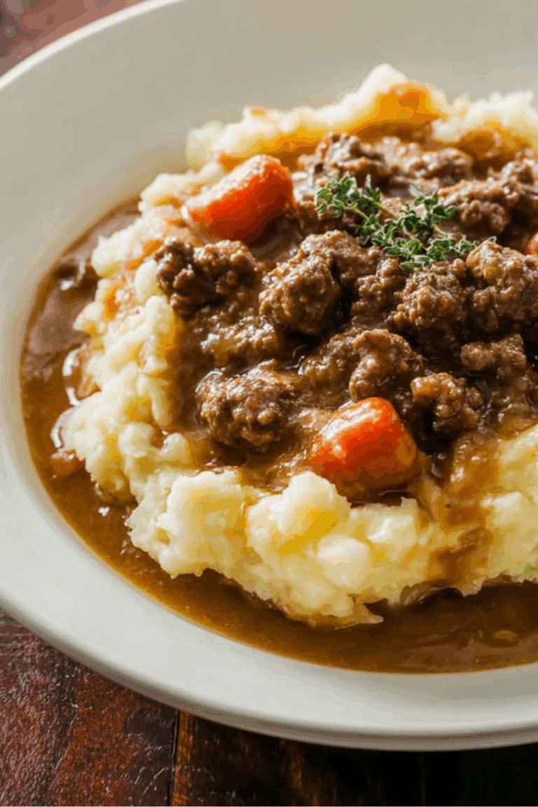 Ground Beef and Gravy Over Mashed Potatoes
