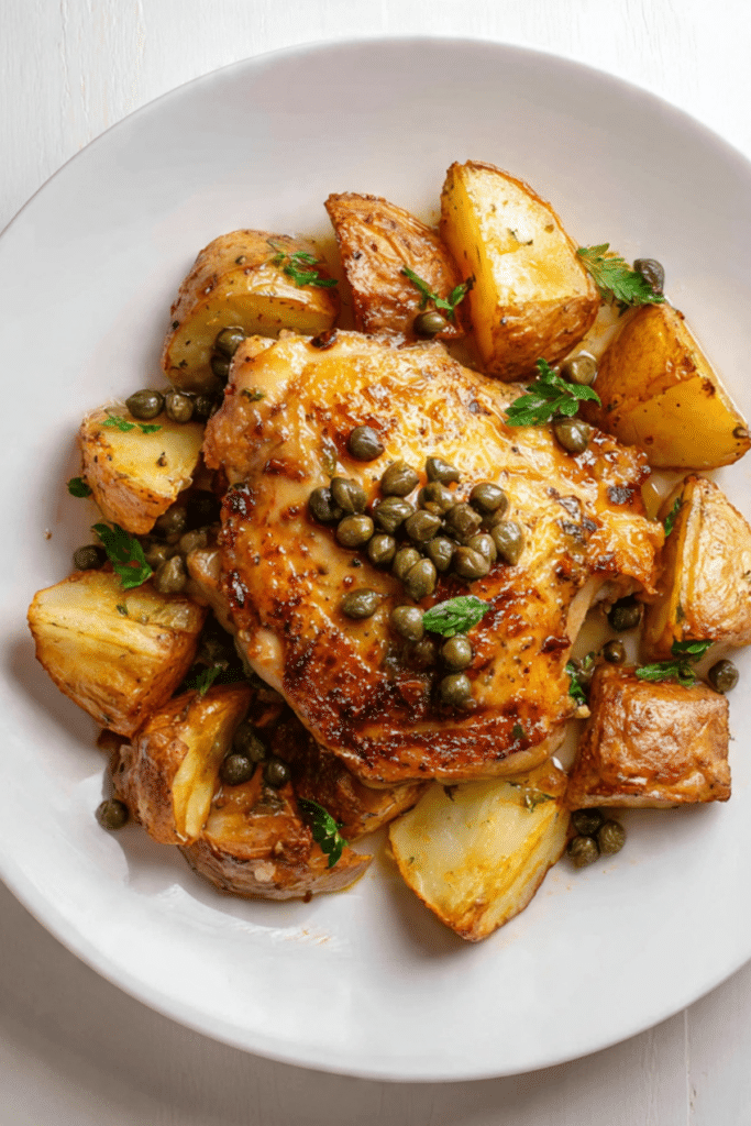 Crispy Lemon Chicken with Potatoes, Oregano, and Capers