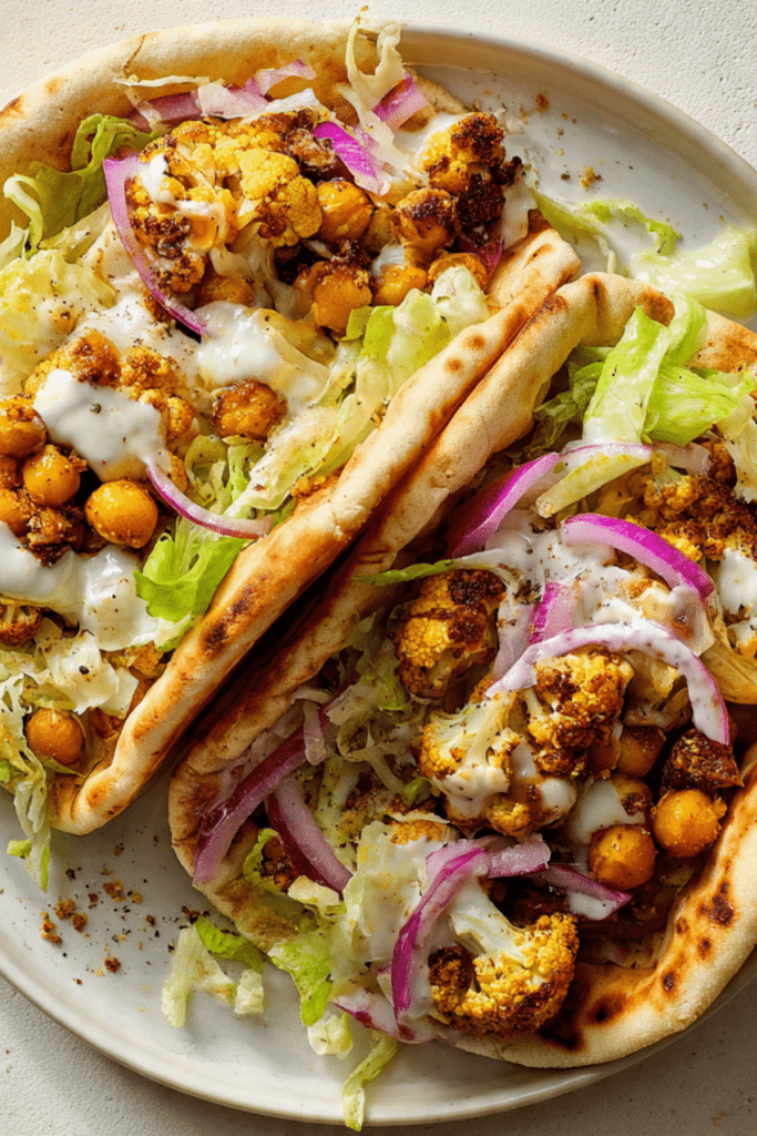 Shawarma-Seasoned Cauliflower and Chickpea Pitas