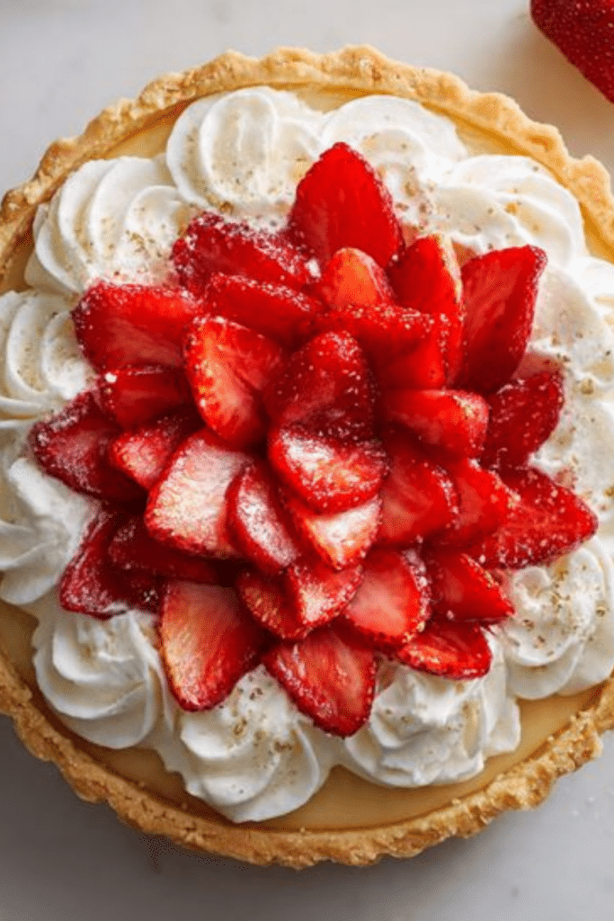 Soft tart with cream, whipped cream, and strawberries