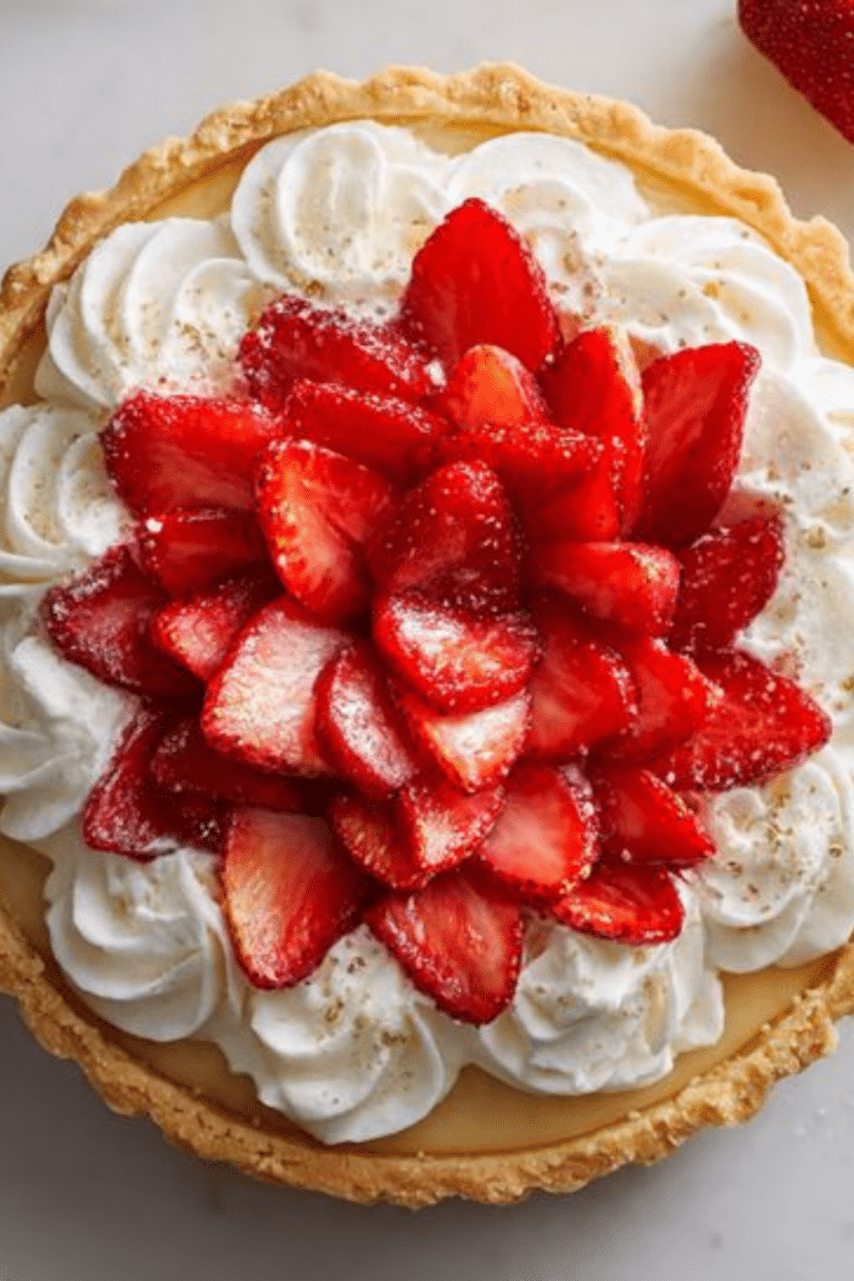 Soft tart with cream, whipped cream, and strawberries