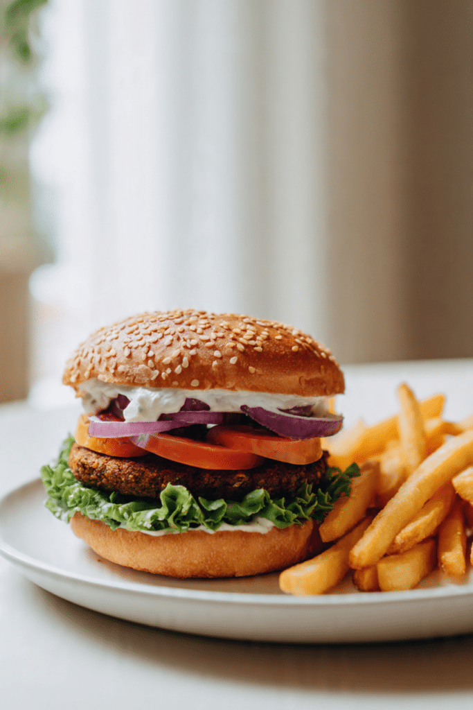Juicy Vegan Burger with Fries